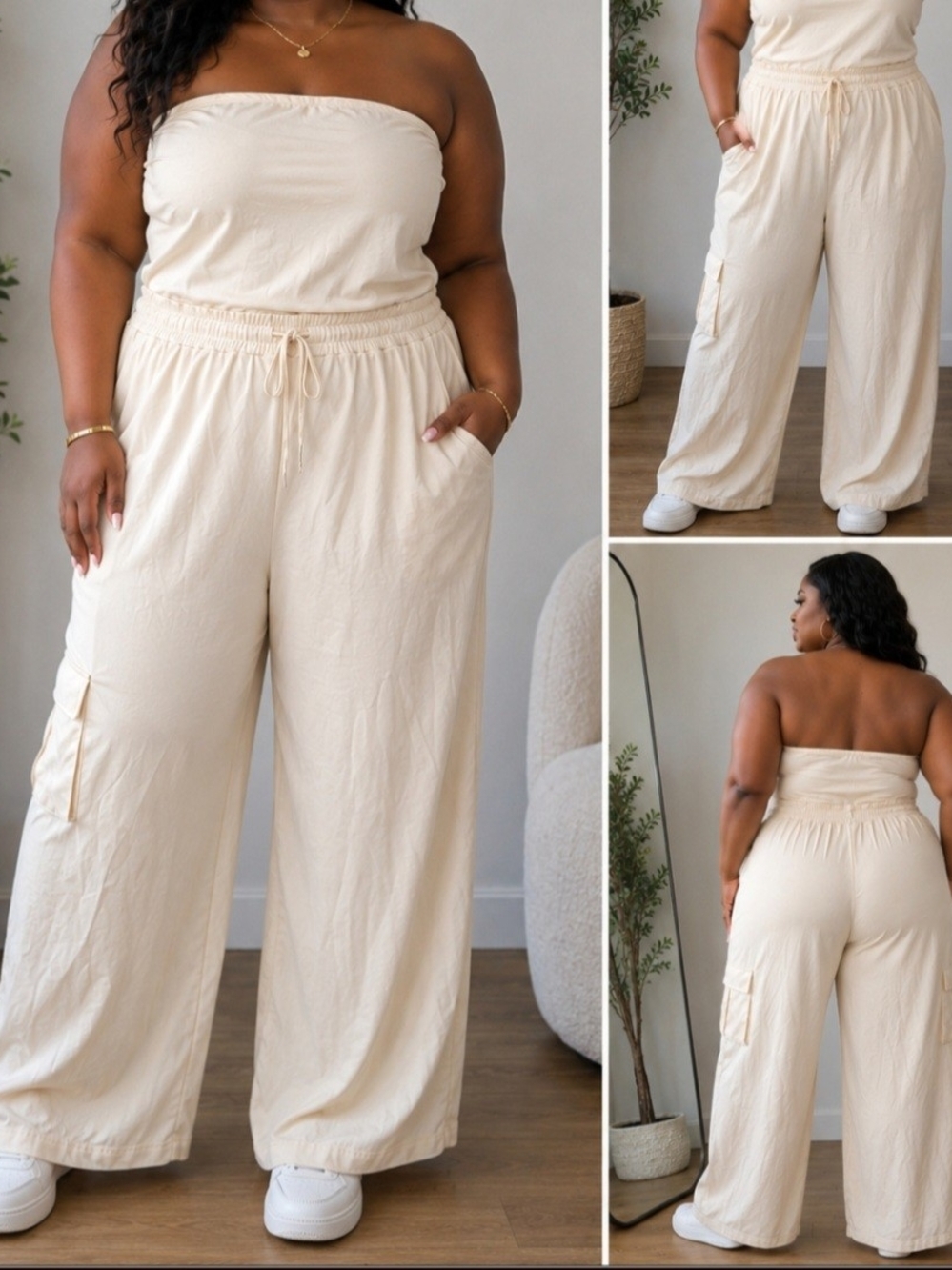 Halara Strapless Cargo Wide Leg Jumpsuit Cream Size Large NWT